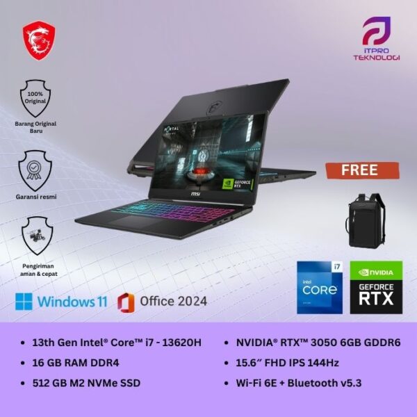MSI Cyborg 15 A13UDXK (9S7-15K111-1442) Translucent Black, Core i7 - 13620H, 16GB, 512GB SSD, Nvidia RTX3050 6GB, 15.6″ FHD, Win 11 Home + OHS2021