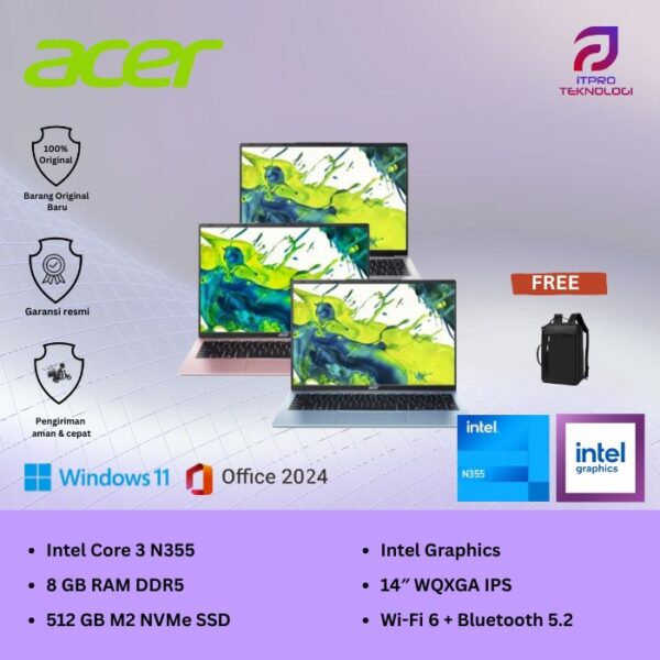 Acer Aspire Lite (AL14 32P 37CE, AL14 32P 38RE, AL14 32P 359Z), Intel Core 3 N355, 8GB, 512GB SSD, Intel Graph, 14″ WUXGA IPS, Win 11 Home + OHM 2024 + M365