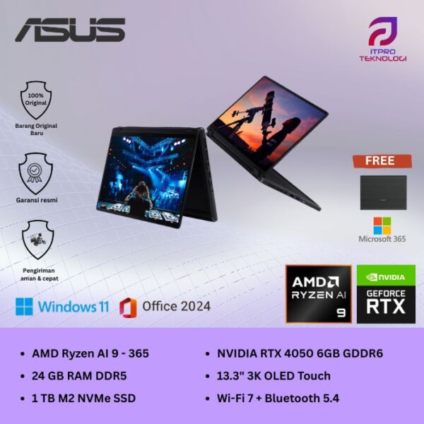 Asus ProArt PX13 (HN7306WU-OLEDS9211M) Nano Black, Ryzen AI 9 - 365, 24GB,1TB SSD, Nvidia RTX 4050, 13.3″ 3K OLED, Win 11 Home + OHM 2024 + M365