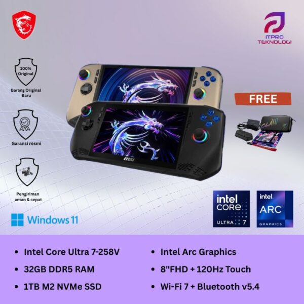 MSI Claw 8 AI + A2VM Super Pack (9S7-1T5211-063) Gaming HandHeld, Ultra 7 - 258V, 32GB, 1TB SSD, 8″ FHD Touch, Win 11 Home