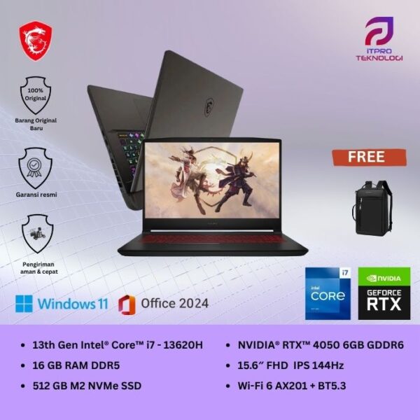 MSI Katana 15 B13VEK (9S7-158571-2200) Core Hitam, Core i7 - 13620H, 16GB, 512GB SSD, Nvidia RTX4050 6GB, 15.6″ FHD 144Hz, Win 11 Home + OHS2021