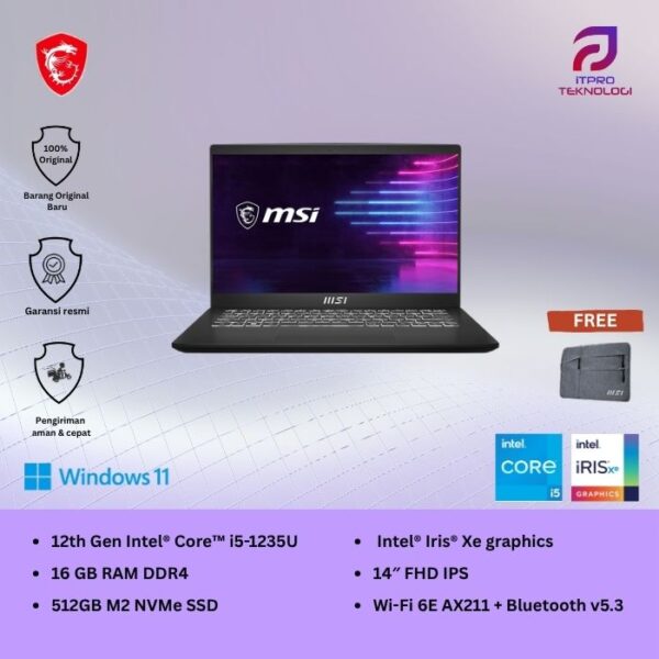 MSI Modern 14 C12MO 1286 1282, Core i5 - 1235U, 16GB, 512GB SSD, 14″ FHD, Win 11 Home + OHS2021
