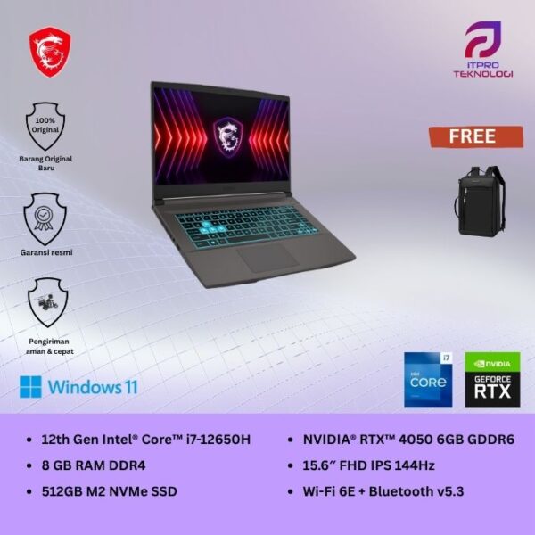 MSI Thin 15 B12VE (9S7-16R831-2404) Cosmos Gray, Core i7 - 12650H, 8GB, 512GB SSD, Nvidia RTX4050 6GB, 15.6″ FHD, Win 11 Home