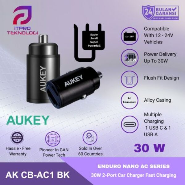 AUKEY Car Charger 30W USB C & USB A PD 3.0 QC 3.0 Multi Port CC-A3