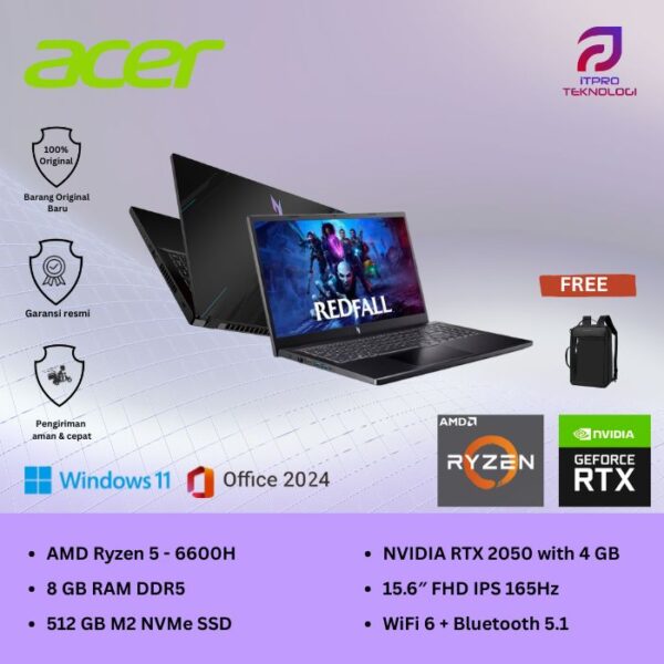 Acer Nitro V 15 (ANV15-41-R9SX) Obsidian Black, AMD Ryzen 5 - 6600H, 8GB DDR5, 512GB SSD, Nvidia RTX 2050, 15.6″ FHD LED IPS,Win 11 Home + Office Home 2024
