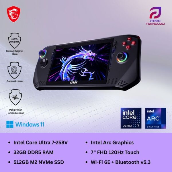 MSI Claw 7 AI + A2VM (9S7-1T4211-024) Gaming HandHeld, Ultra 7 - 258V, 32GB, 512GB SSD, 7″ FHD Touch, Win 11 Home