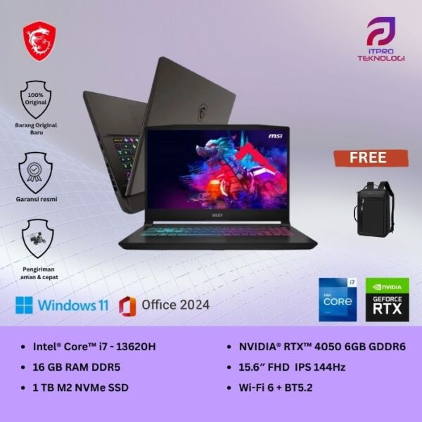 MSI Katana 15 B13VEK (9S7-158571-1851) Black, Core i7 - 13620H, 16GB, 1TB SSD, Nvidia RTX4050 6GB, 15.6″ FHD, Win 11 Home + OHS2021