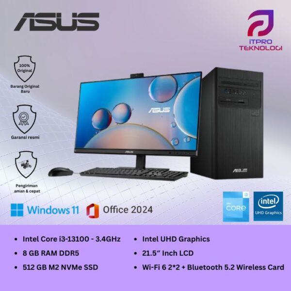 PC Desktop Asus S500TE - 385000002W + Monitor 21.5″ Black - Intel Core i3 - 13100H, 8GB, 512GB SSD, UHD Graph,Win 11 Home + OHM + M365