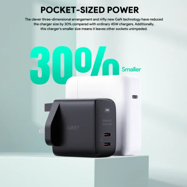 AUKEY Charger Dual Port Type C 45W PA-B4T-BK GAN PD 3.0 Fast Charging