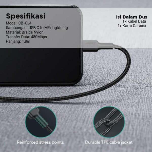 AUKEY Kabel Charger USB-C to Lightning MFI CB-CL4 Braided Nylon 1.8M