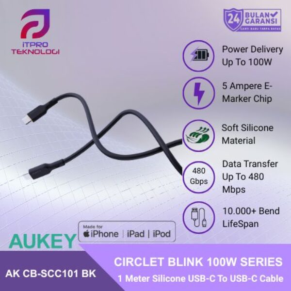 AUKEY Kabel Charger USB C To C Fast Charging Up To 100W Silicone Material 1 Meter CB-SCC101