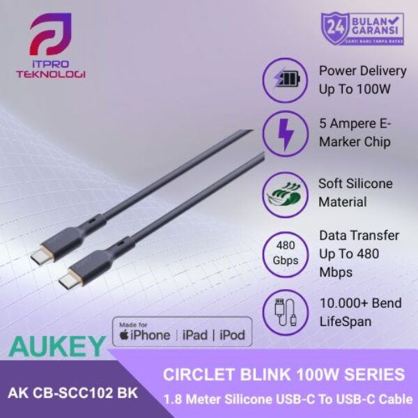 AUKEY Kabel Charger Type C To C CB-SCC102 Black Silicone 1.8M 5A
