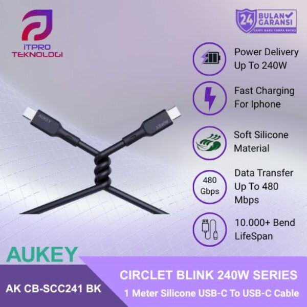 AUKEY Kabel Charger C To C 240W Super Fast Charging Silicone Material 1 Meter CB-SCC241 - 1 Meter