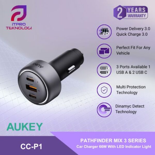 AUKEY CC-P1 66W PPS Fast Charging Car Charger Dual USB C and USB A