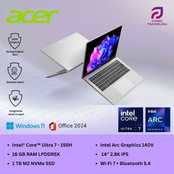 Acer Swift Go 14 AI (SFG14-73-75WS) Pure Silver, Ultra 7 155H, 16GB, 1TB SSD, 14″ 2.8K IPS, Win 11 Home + OHS 2021 + M365