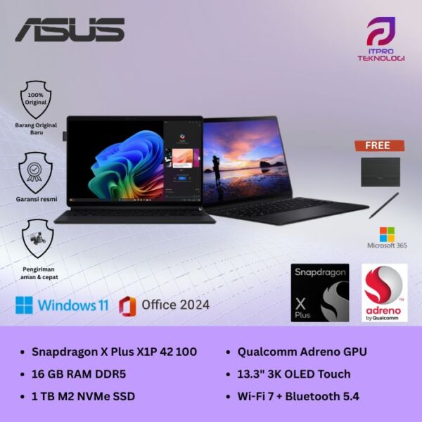 Asus ProArt PZ13 HT5306QA-OLEDSP111M Snapdragon X1 Plus, 16GB, 1TB SSD,13.3″ 3K OLED Touch, Win 11 Home + OHM 2024 + M365