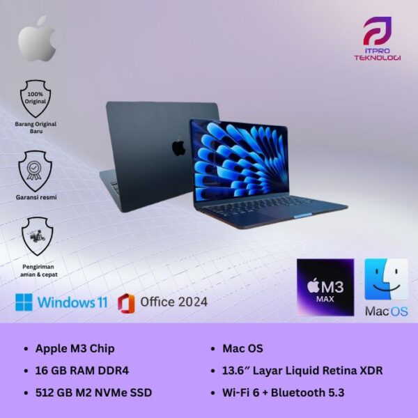 MacBook Air M3 (MXCR31D/A/COMM) Midnight, 13 Inch, 8 core CPU, 10 core GPU, 16GB, 512GB SSD, 13.6″ IPS, MacOS