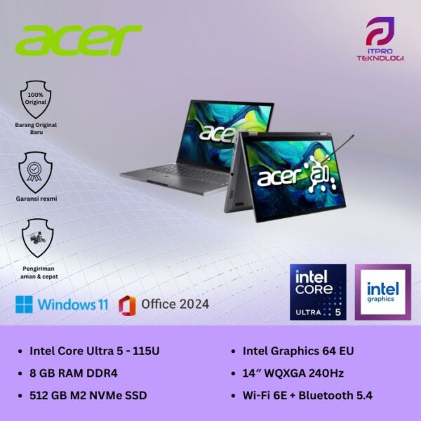 Acer Aspire Spin 14 (ASP14-52MTN-53XC) Steel Gray, Intel Core Ultra 5-115U, 16GB, 512GB SSD, 14″ WUXGA IPS, Windows 11 Home + Office Home 2024