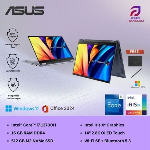 Asus Vivobook S14 Flip OLED [ TP3402VA-OLEDS553T | TP3402VA-OLEDS554T], Core i5 - 13500H, 16GB, 512GB SSD, 14″ 2.8K Touch, Win 11 Home + OHS 2021