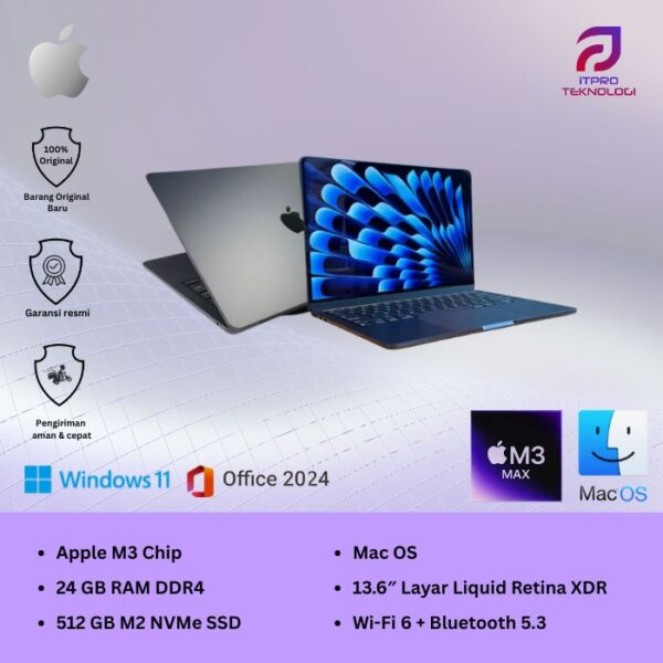 MacBook Air M3 (MC8Q4ID/A) Midnight, 13 Inch, 8 core CPU, 10 core GPU, 24GB, 512GB SSD, 13.6″ IPS, MacOS
