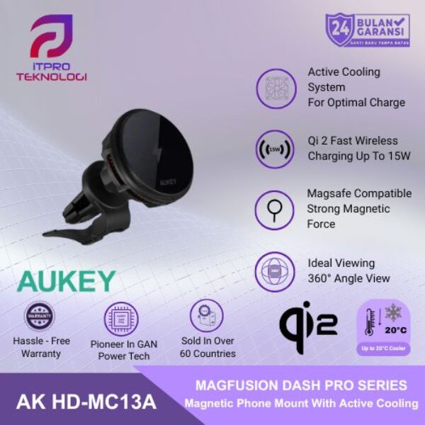 AUKEY Qi2 Magnetic Car Phone Mount Fast Wireless Charging 15W With Active Cooling HD-MC13A