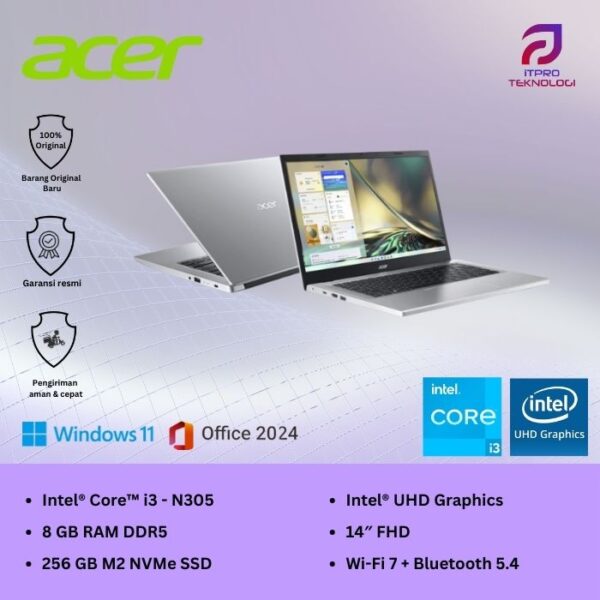 Acer Aspire 3 Slim (A314-36M-34TX) Pure Silver, Core i3 - N305, 8GB, 256GB SSD, 14″ FHD, Win 11 Home + OHS 2021