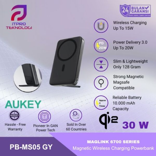 AUKEY Qi2 Magsafe Wireless Powerbank 6700mah USB-C 20W PD Slim Portable PB-MS05