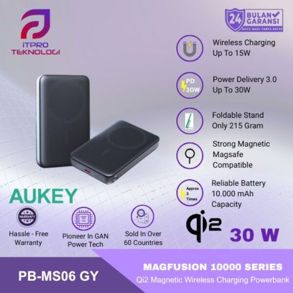 AUKEY Qi2 Magsafe Wireless Powerbank 10000mah USB-C 30W PD Slim Portable PB-MS06