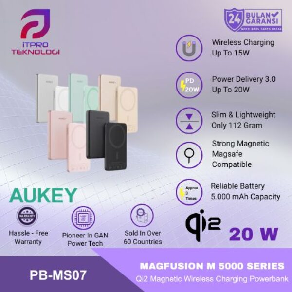 AUKEY Qi2 Powerbank Magsafe 5000 USB-C 20W PD Slim Portable Wireless PB-MS07