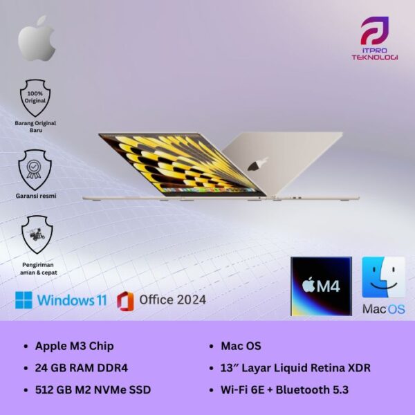 MacBook Air (MC6A4ID/A) Starlight, 13 Inch, 10 core CPU, 10 core GPU, 24GB, 512GB SSD IPS, macOS
