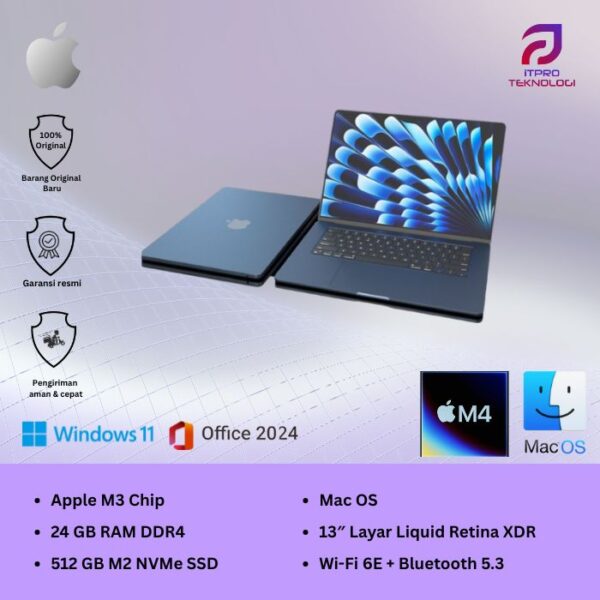 MacBook Air (MC6C4ID/A) Midnight, 13 Inch, 10 core CPU, 10 core GPU, 24GB, 512GB SSD IPS, macOS