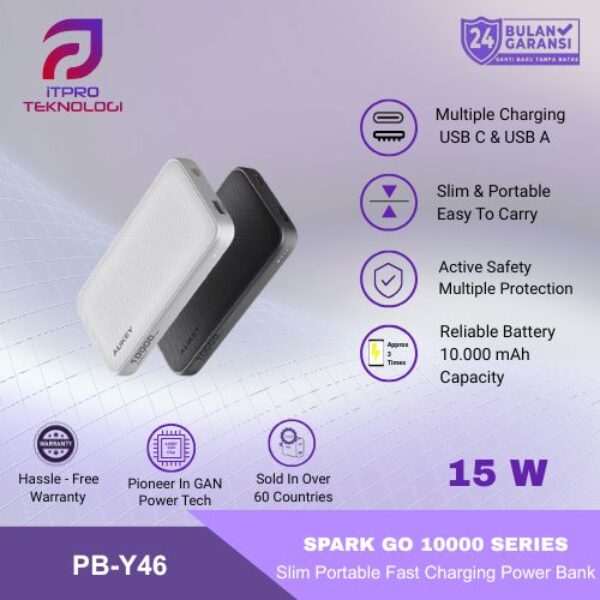 AUKEY Slim Powerbank 10000mah Dual Port USB C & USB A 15W PD 3.0 Quick Charge Portable PB-Y46