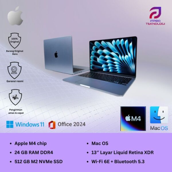 MacBook Air (MC6V4ID/A) Sky Blue, 13 Inch, 10 core CPU, 10 core GPU, 24GB, 512GB SSD IPS, macOS