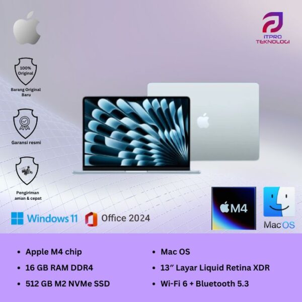 MacBook Air (MC6U4ID/A) Sky Blue, 13 Inch, 10 core CPU, 10 core GPU, 16GB, 512GB SSD IPS, macOS