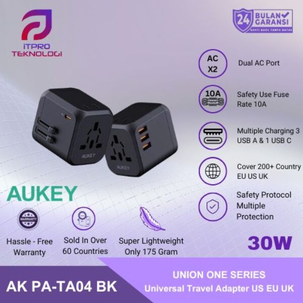 AUKEY Universal Travel Adaptor PA-TA04-BK Type C 30W 4 In 1 EU US UK