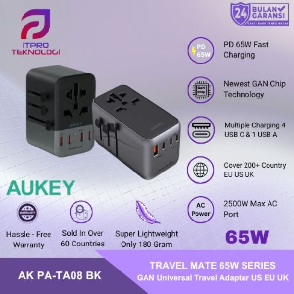 AUKEY Universal Travel Adaptor GAN Type C 65W 5 Multiple Ports UK US EU Mode 1 USB A & 4 USB-C PA-TA08A