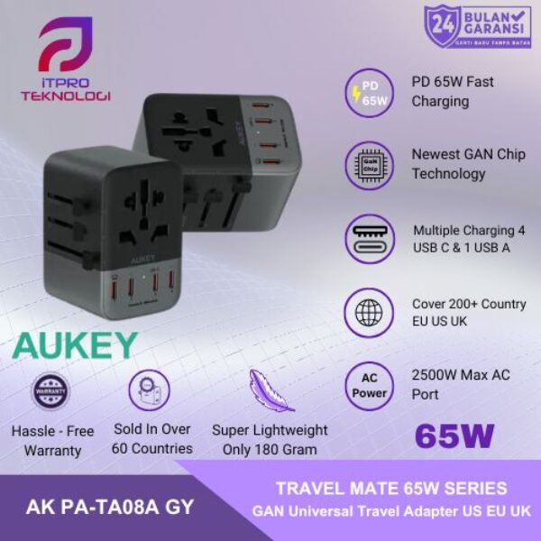 AUKEY Universal Travel Adaptor GAN Type C 65W 5 Multiple Ports UK US EU Mode 1 USB A & 4 USB-C PA-TA08A