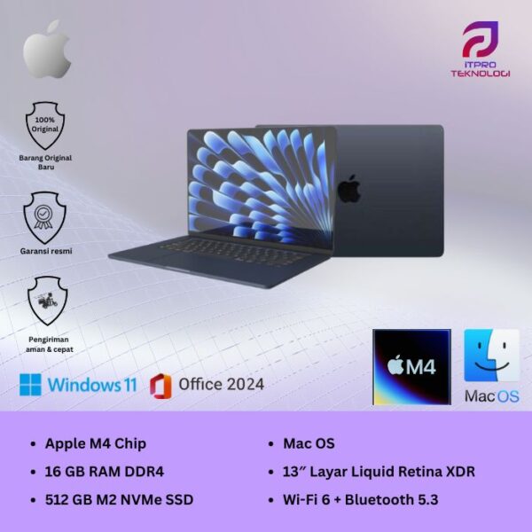 MacBook Air (MW133ID/A) Midnight, 13-inch, Apple M4 chip, 10-core CPU, 10-core GPU, 16GB, 512GB SSD, macOS