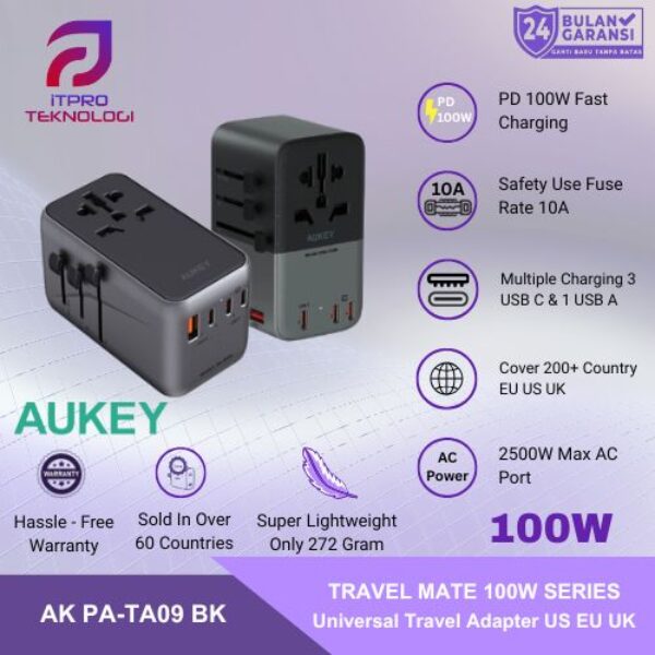 AUKEY Universal Travel Adaptor PA-TA09-BK Type C 100W 4 In 1 EU US UK