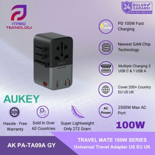 AUKEY Universal Travel Adaptor GAN Type C 100W 4 Multiple Ports UK US EU Mode 1 USB A & 3 USB-C PA-TA09A
