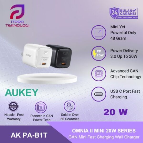 Aukey Charger Type C 20W GAN PD 3.0 Fast Charging Black & White PA-B1T
