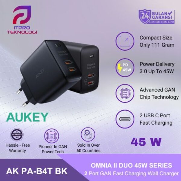 AUKEY Charger Dual Port Type C 45W PA-B4T-BK GAN PD 3.0 Fast Charging