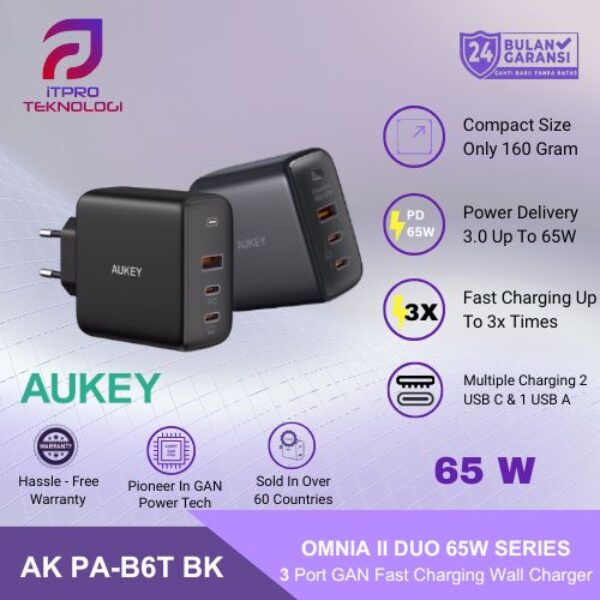 AUKEY Charger Multi Port Type C65W GAN PD 3.0 Fast Charging PA-B6T