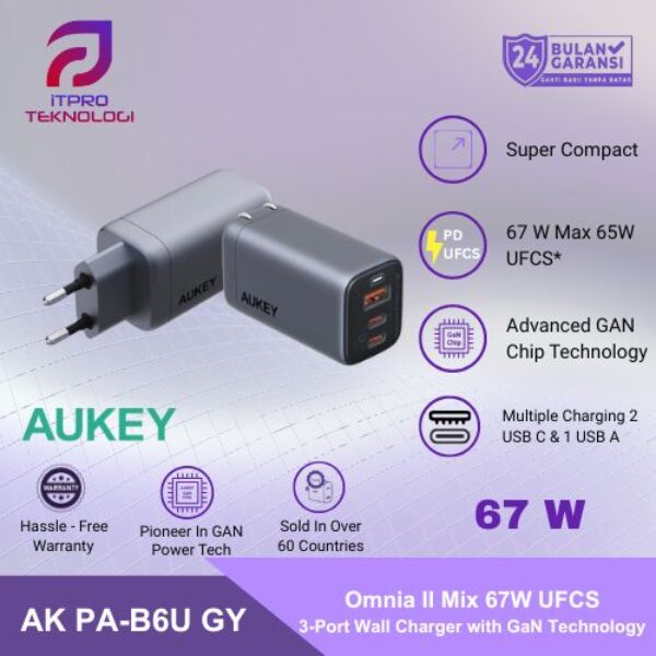 AUKEY Charger Multi Port Type C and USB A 67W GAN PD 3.0 PPS PA-B6U