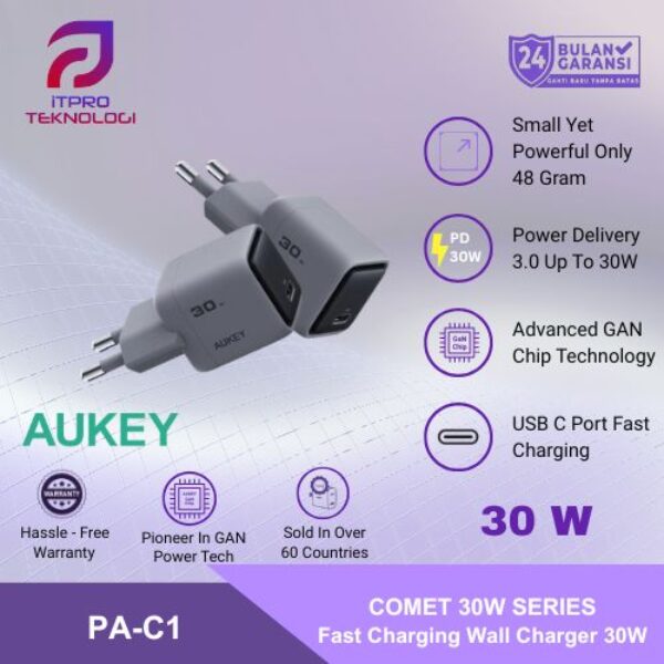 AUKEY Charger Type C 30W GAN III PD 3.0 PPS Super Fast Charging Comet 30W Series PA-C1