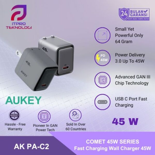 AUKEY Charger Type C 45W GAN III PD 3.0 PPS Super Fast Charging Comet 45W Series PA-C2