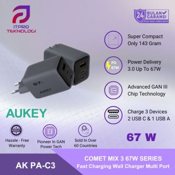 AUKEY Charger Type C 67W GAN III PD 3.0 PPS Super Fast Charging Comet Mix 3 67W Series PA-C3