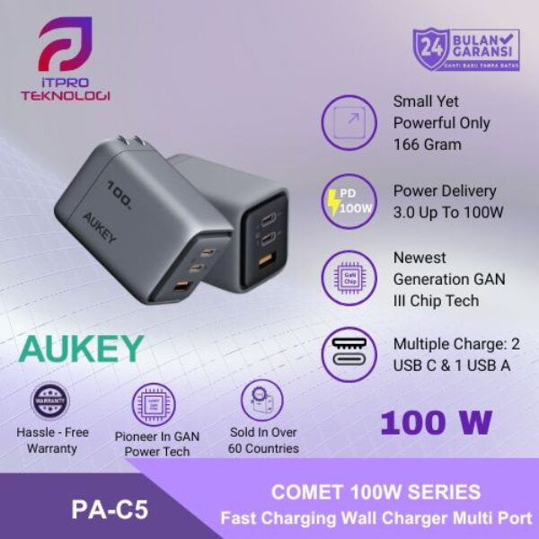 AUKEY Charger Type C 100W GAN III PD 3.0 PPS Super Fast Charging Comet Mix 3 100W Series PA-C5