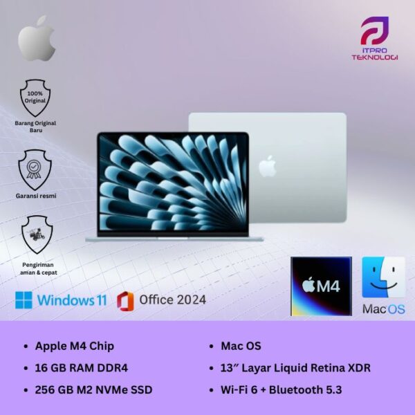MacBook Air (MC6T4ID/A) Sky Blue, 13-inch, Apple M4 chip, 10-core CPU, 8-core GPU, 16GB, 256GB SSD, macOS