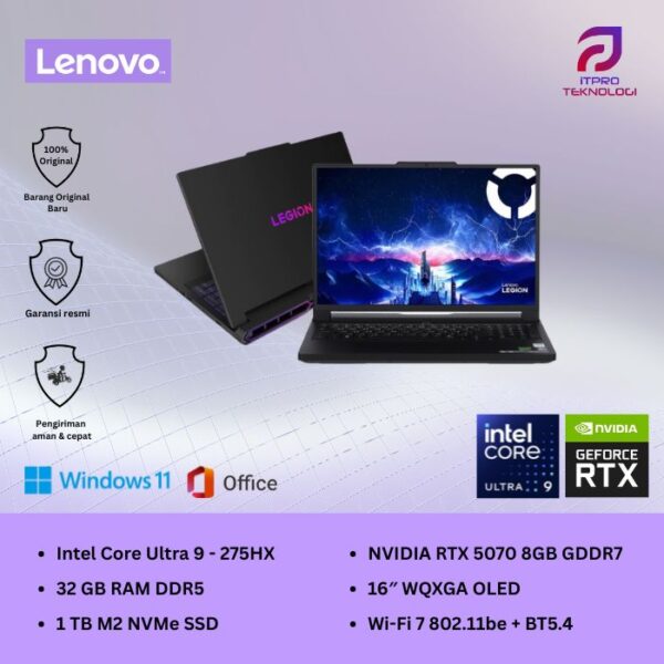 Lenovo Legion Pro 5 16IAX10H (83LU001LID) Eclipse Black, Intel Core Ultra 9 - 275HX, 32GB, 1TB SSD, RTX5070Ti 12GB, 16″ WQXGA OLED, Win 11 Home + OHM 2024 + M365